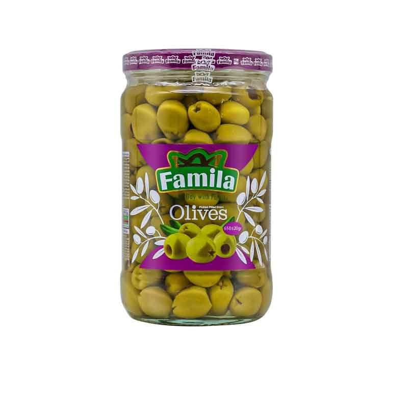 فامیلا کنسرو زیتون بی هسته معمولی 650گ