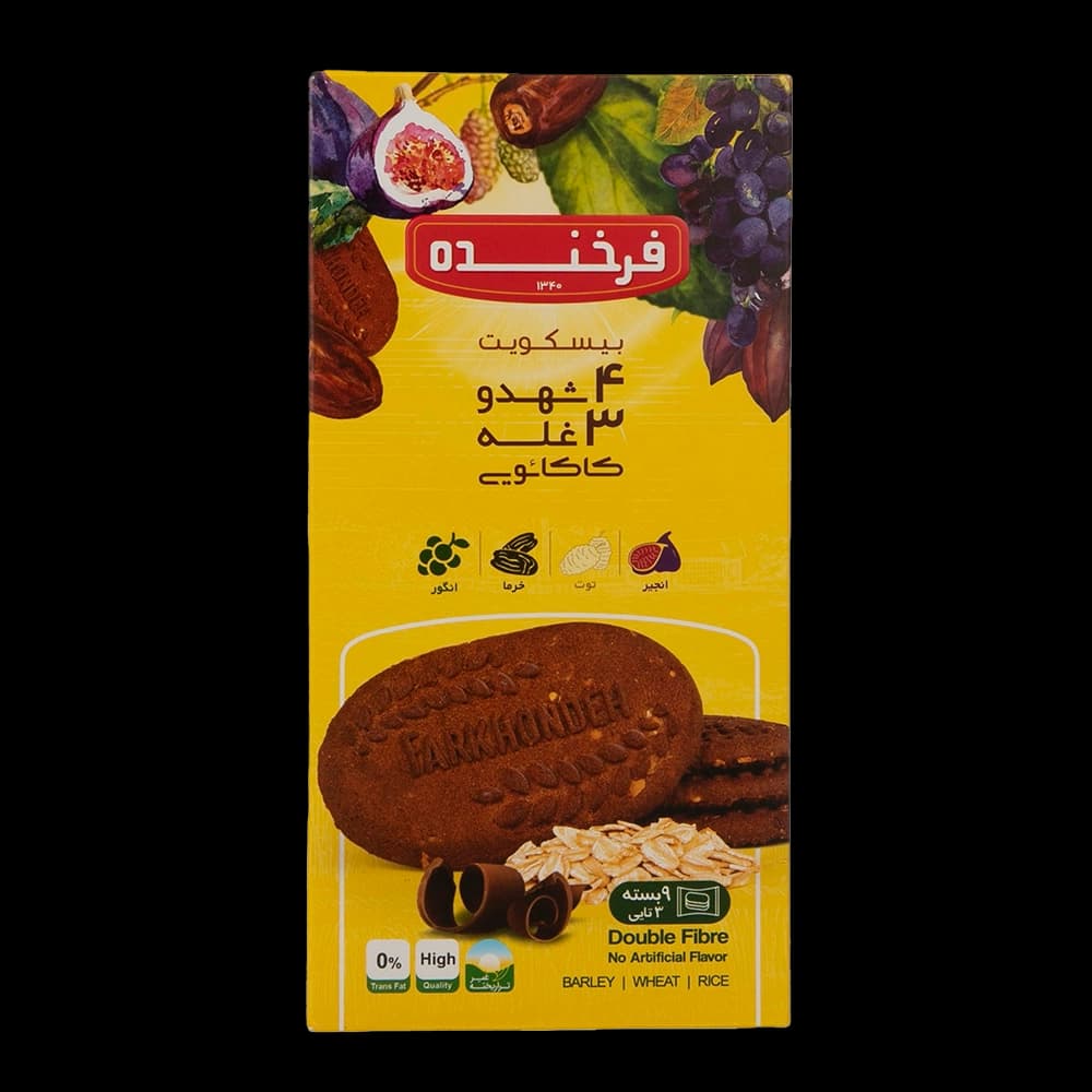 فرخنده بیسکویت خوشین 4شهد 3غله کاکائو